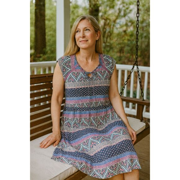 Matilda Jane Dress XL Blue Pink Print V Neck Cap Sleeve Cottagecore Prairiecore* - Picture 1 of 5